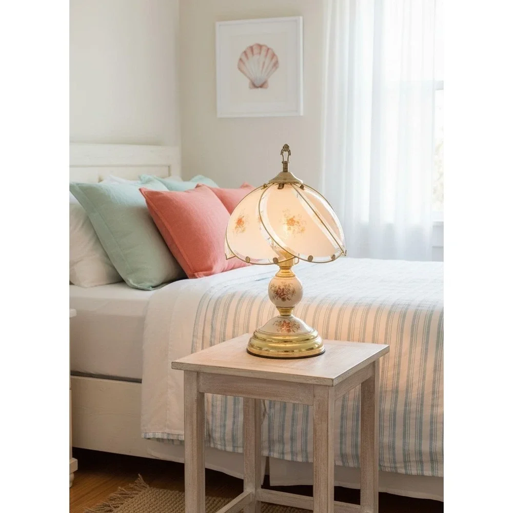 Vintage Golden Base and Floral Glass Paneled Shade 3 Way Touch Table Lamp 16